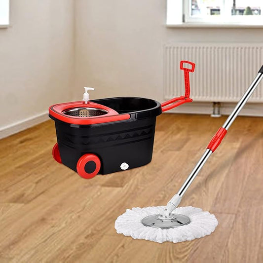 Spin Mop and Bucket with Wringer Set, Stainless Steel 360 Spinning Mop Bucket with 2X Round Wheels for Home Cleaning System