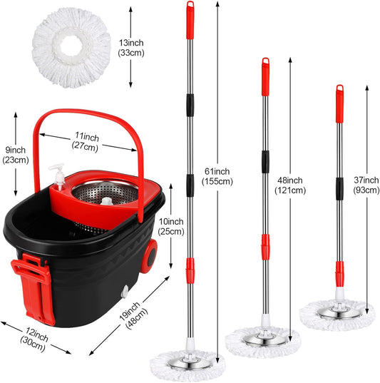 Spin Mop and Bucket with Wringer Set, Stainless Steel 360 Spinning Mop Bucket with 2X Round Wheels for Home Cleaning System